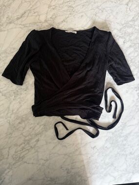 Reformation Black Ribbed Wrap Top - Women